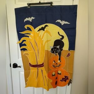 Harvest Moon Black Cat Pumpkin Halloween Yard Flag Navy Blue